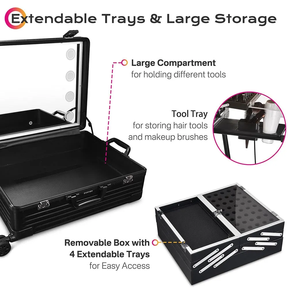 18x9x25in Rolling Makeup Train Case with Lights & Stand