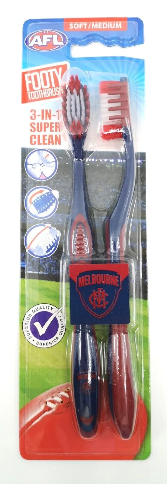 AFL Adult Toothbrush Twin Pack - Melbourne Demons - Set of Two - Soft/Medium