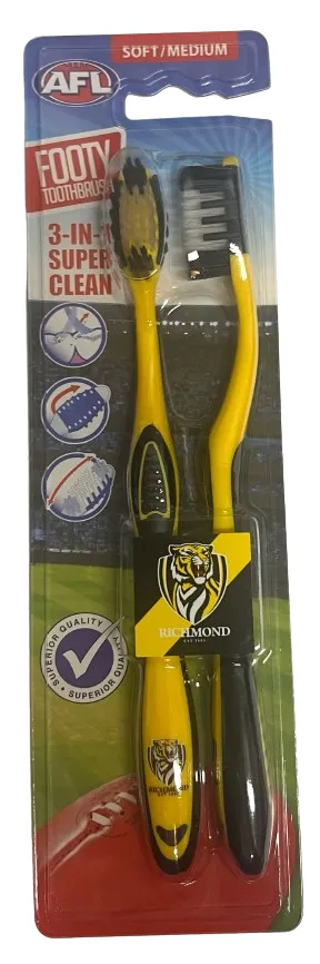 AFL Adult Toothbrush Twin Pack - Richmond Tigers - Set of Two - Soft/Medium