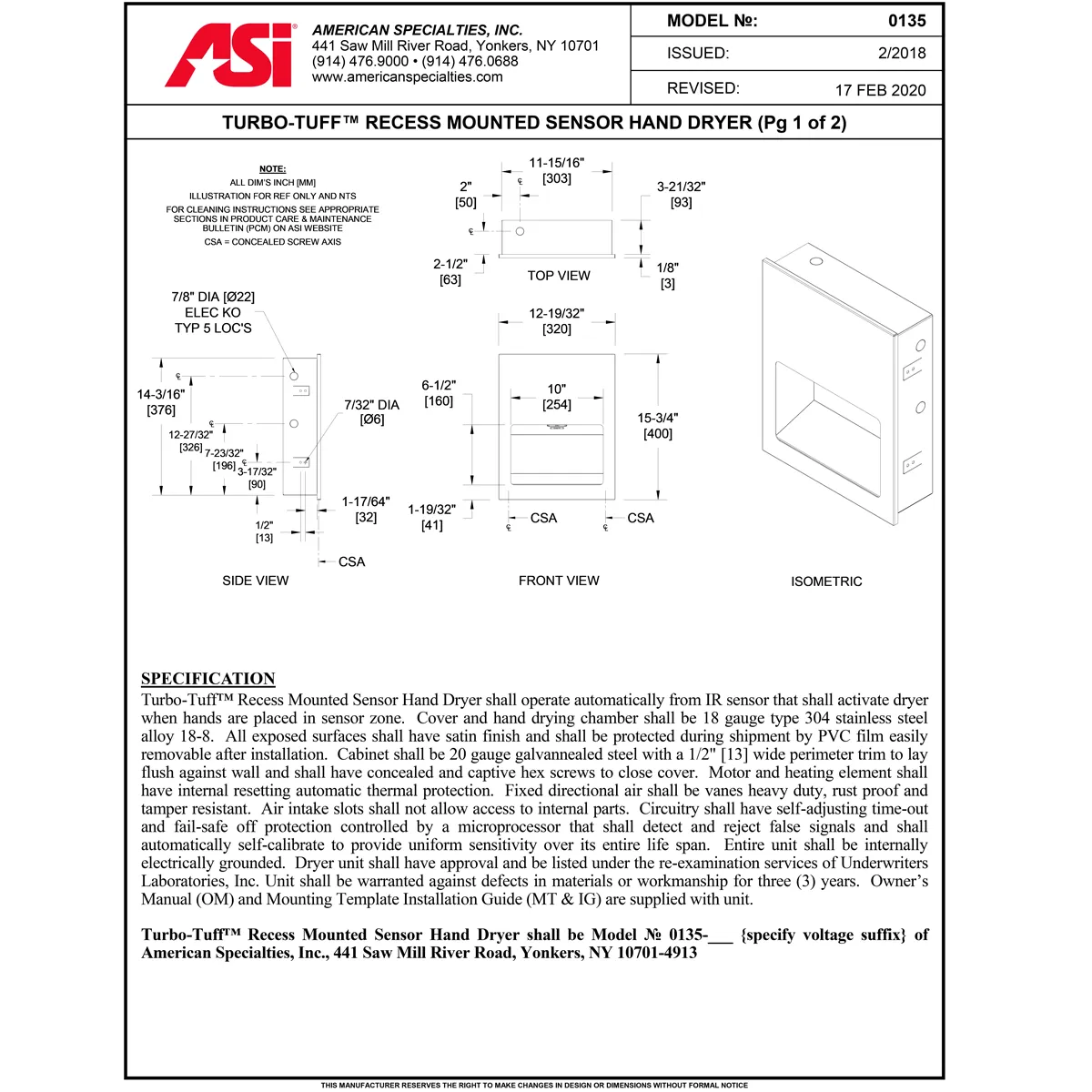 ASI 0135-1 Automatic Hand Dryer, 110-120 Volt, Recessed-Mounted, Stainless Steel