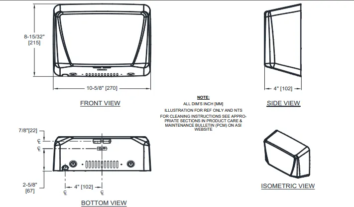 ASI® 0199-3-93 TURBO ADA™, 277V, Satin Stainless Steel, Surface-Mounted ADA Compliant, Automatic High Speed Hand Dryer