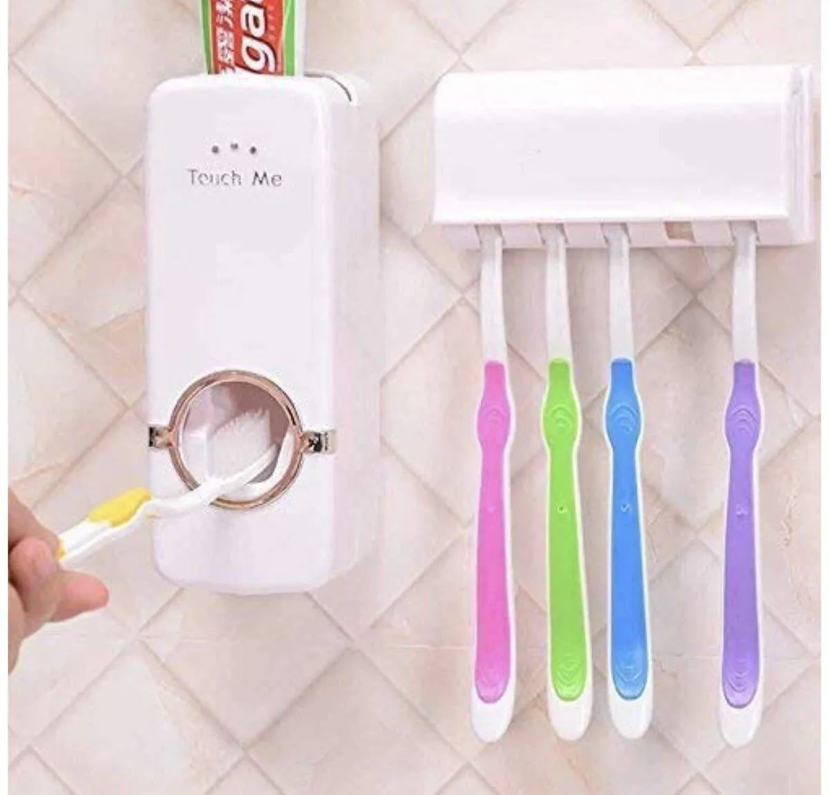 Automatic Toothpaste Dispenser and 5 Toothbrush Holder for Bathroom, Wall Mounted