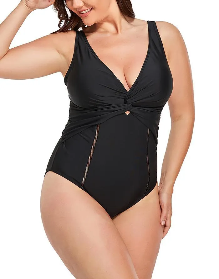 Black Ruched V-neck One Piece Swimsuit