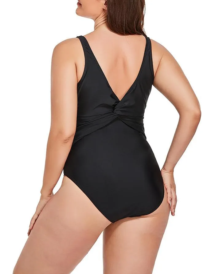 Black Ruched V-neck One Piece Swimsuit