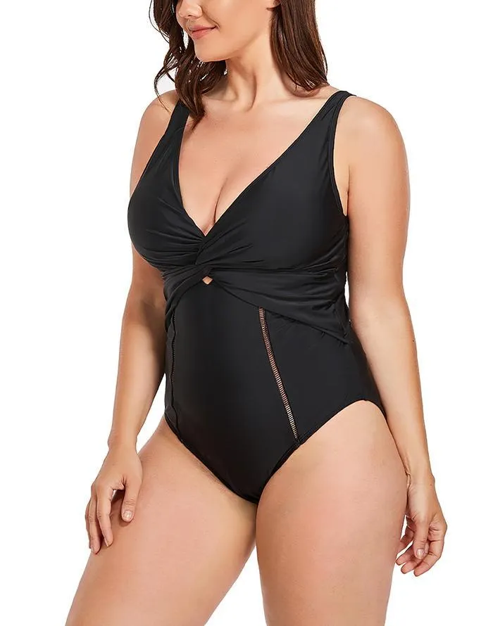 Black Ruched V-neck One Piece Swimsuit