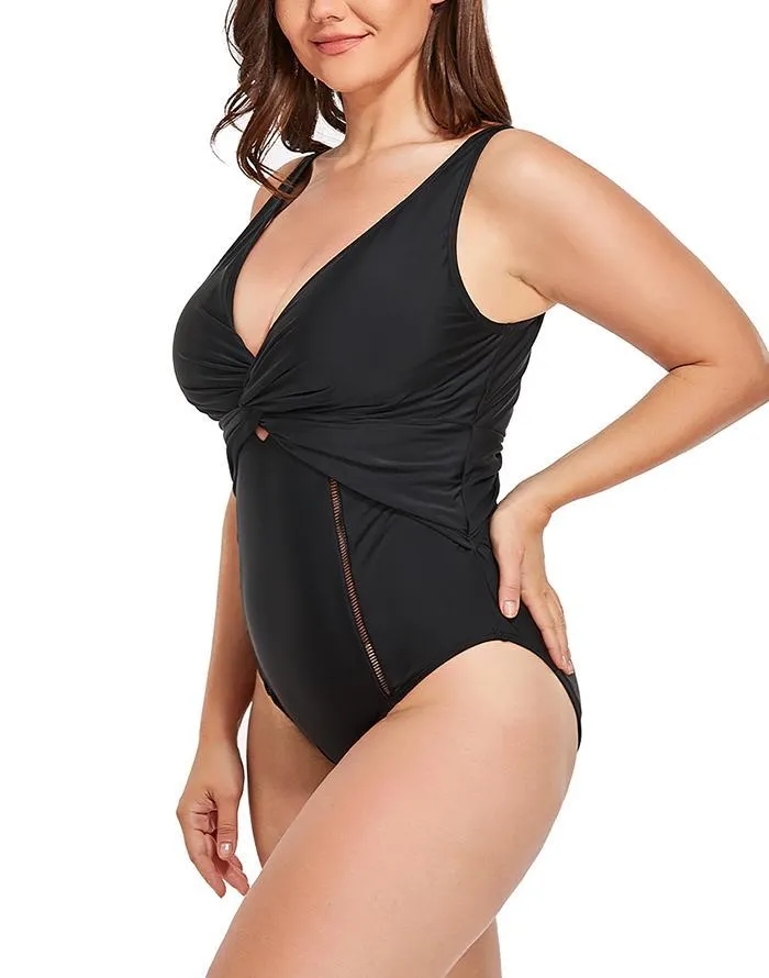 Black Ruched V-neck One Piece Swimsuit