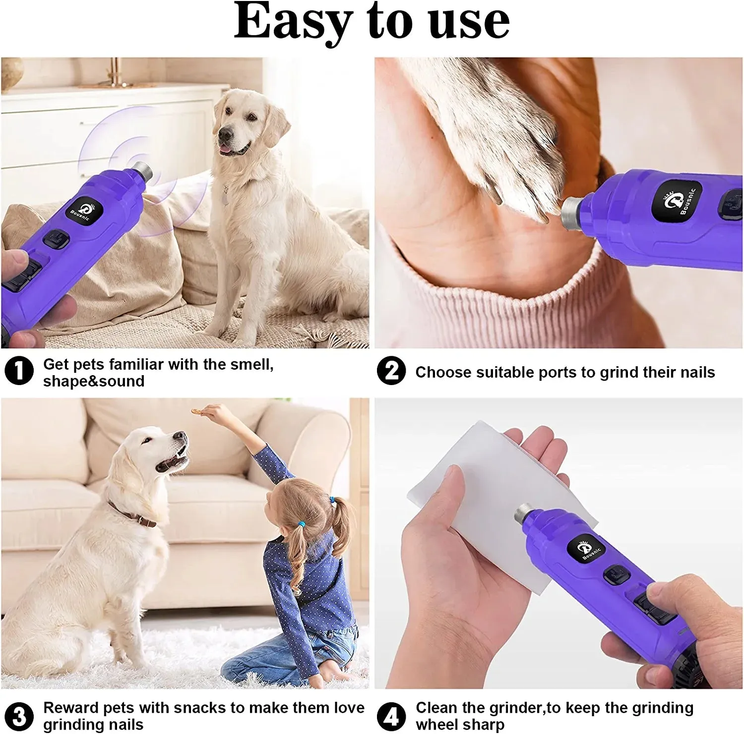 BOUSNIC Dog Nail Grinder with 2 LED Light - Super Quiet Pet Nail Grinder Powerful 2-Speed Electric Dog Nail Trimmer File Toenail Grinder for Puppy Small Medium Large Breed Dogs & Cats (Purple)