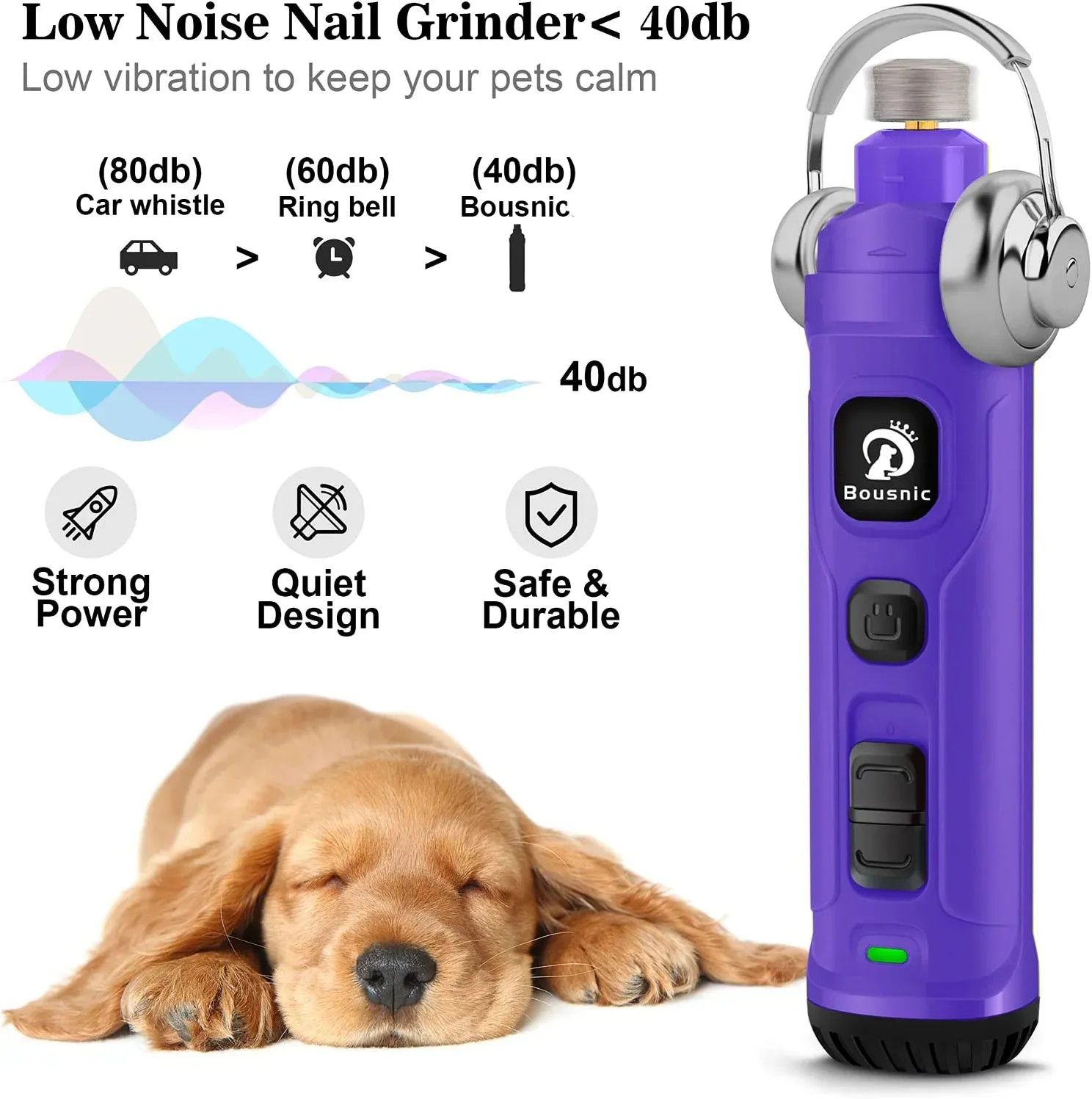 BOUSNIC Dog Nail Grinder with 2 LED Light - Super Quiet Pet Nail Grinder Powerful 2-Speed Electric Dog Nail Trimmer File Toenail Grinder for Puppy Small Medium Large Breed Dogs & Cats (Purple)