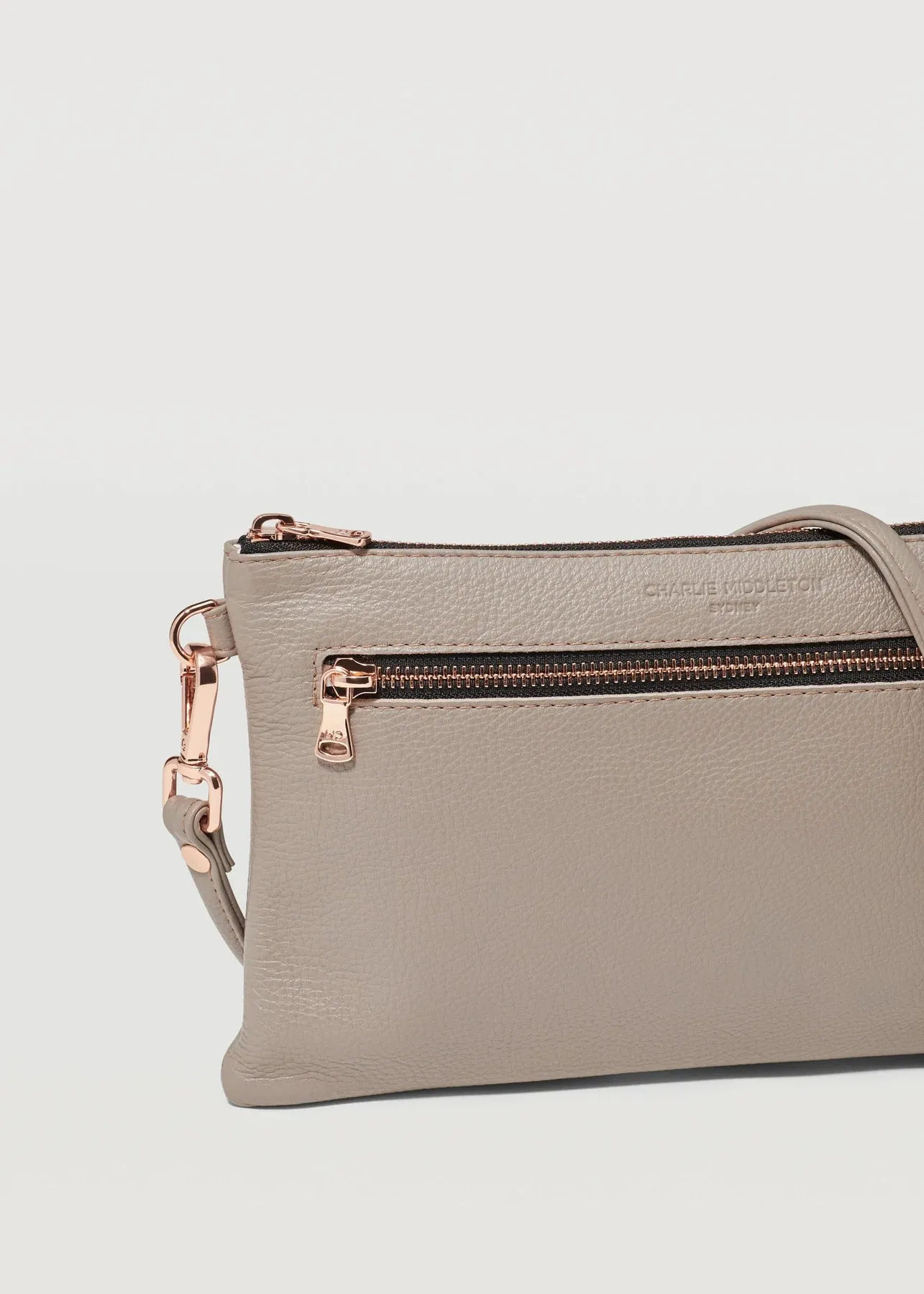 CHARLIE MIDDLETON - TAUPE VOGUE DUAL ZIP CROSSBODY - ROSE GOLD