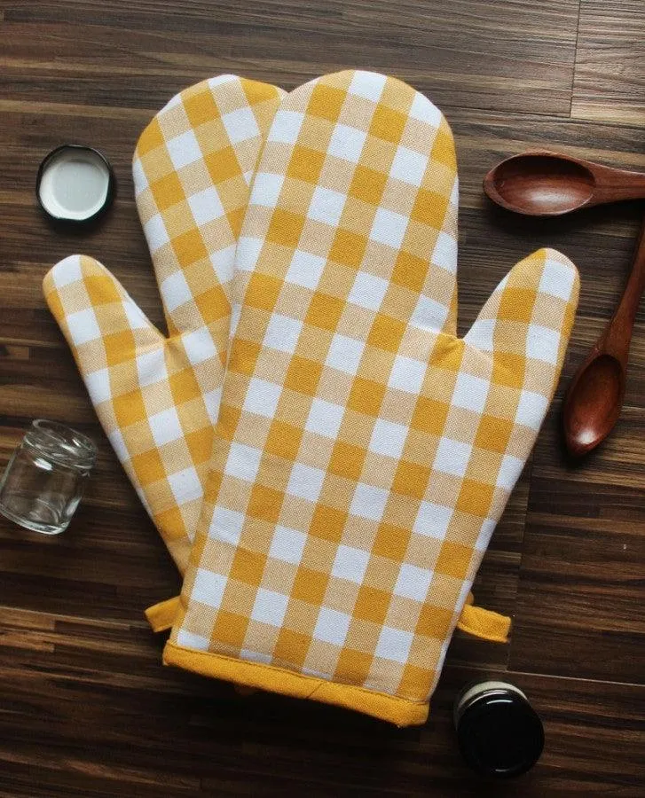 Cotton Gingham Check Yellow Oven Gloves Pack Of 2