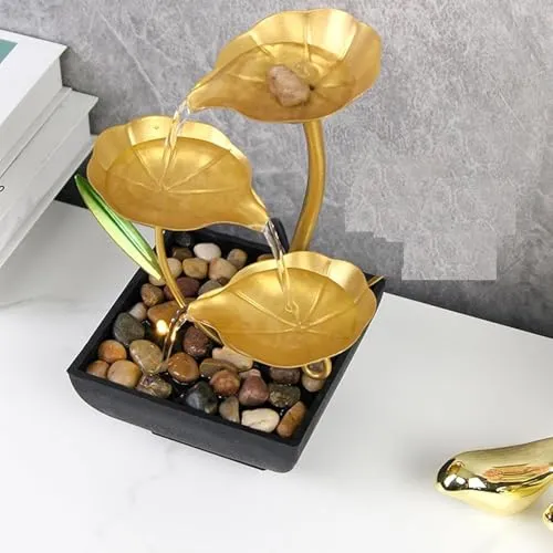 DEVKUVAR Metal Tabletop Water Fountain,Home Decor Ornaments with Waterfall Desktop Leaf Fountains,Deep Basin&Natural River Rocks. Indoor Zen Relaxation for Office,Living Room,Bedroom Decor for Gift