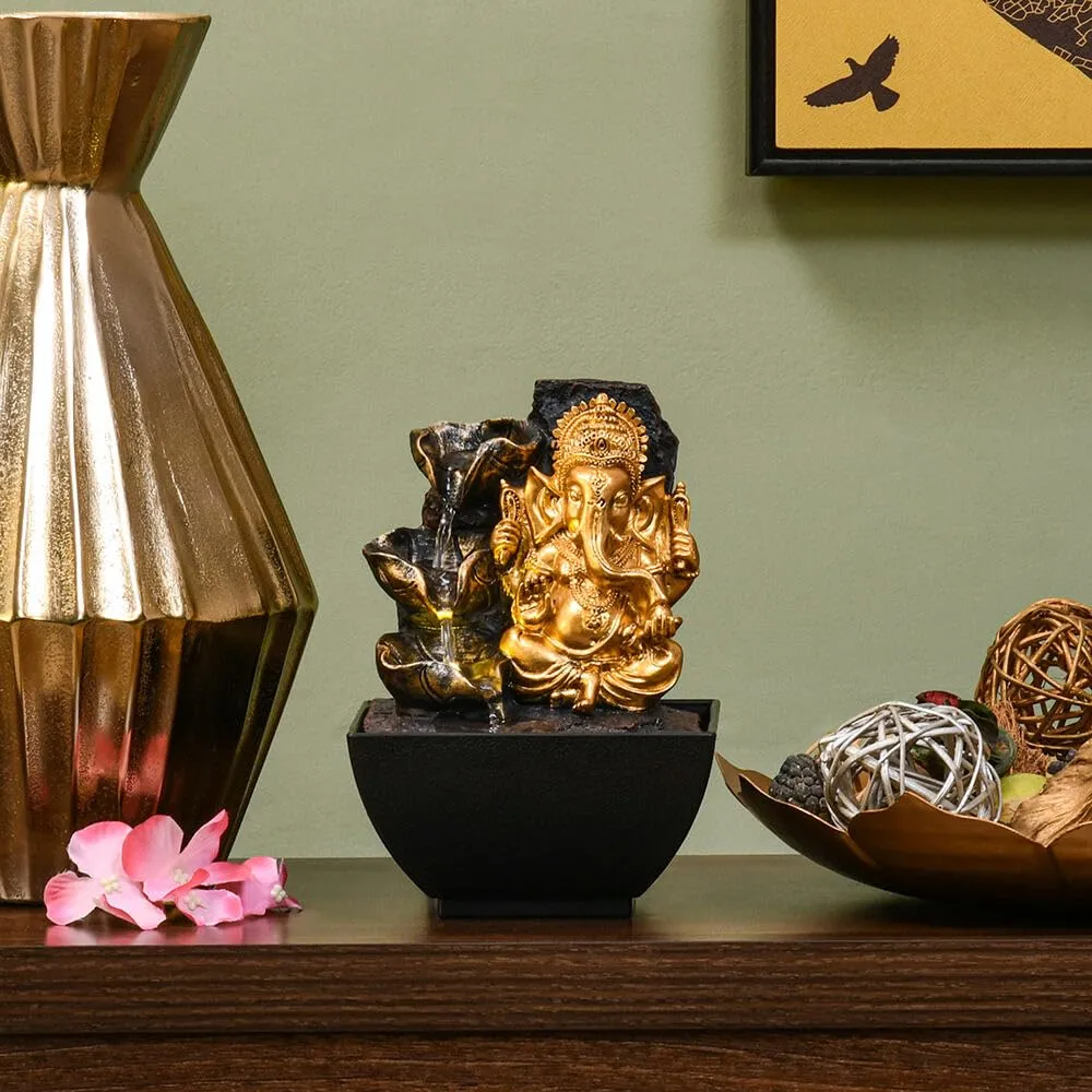 @home Ganesha Idol Polyresin Decorative Water Fountain for Home Decoration, Office, Table Decor and Gifting in Gold and Brown by Nilkamal