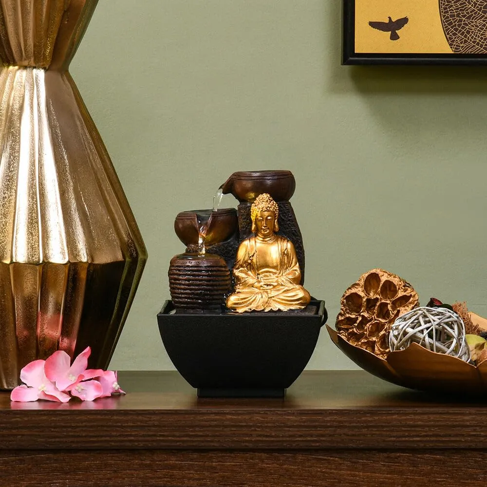 @home Meditating Buddha Polyresin Decorative Water Fountain for Home Decoration, Office, Table Decor and Gifting in Gold and Brown by Nilkamal