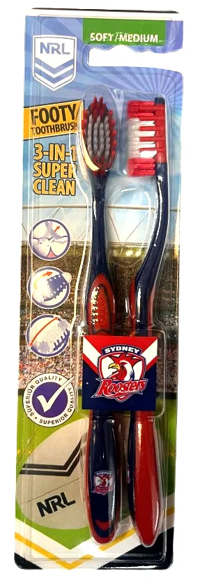 NRL Adult Toothbrush Twin Pack - Sydney Roosters - Set of Two - Soft/Medium