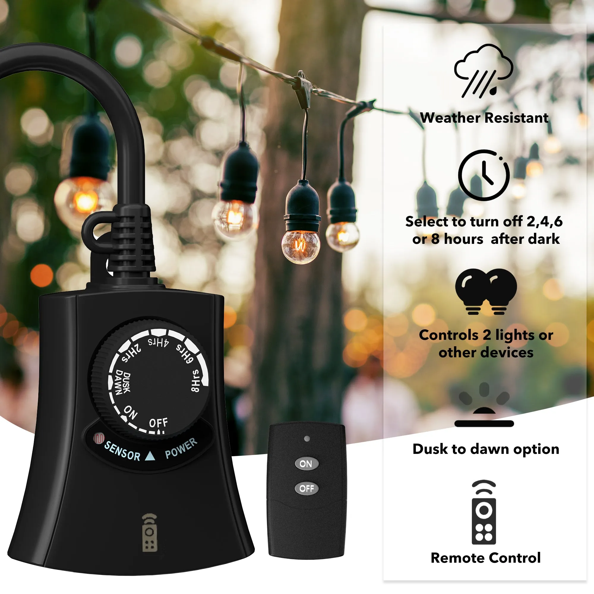 Outdoor Photocell Light Timer Waterproof Dusk to Dawn Light Sensor Timer 2 Grounded Remote Control HBN