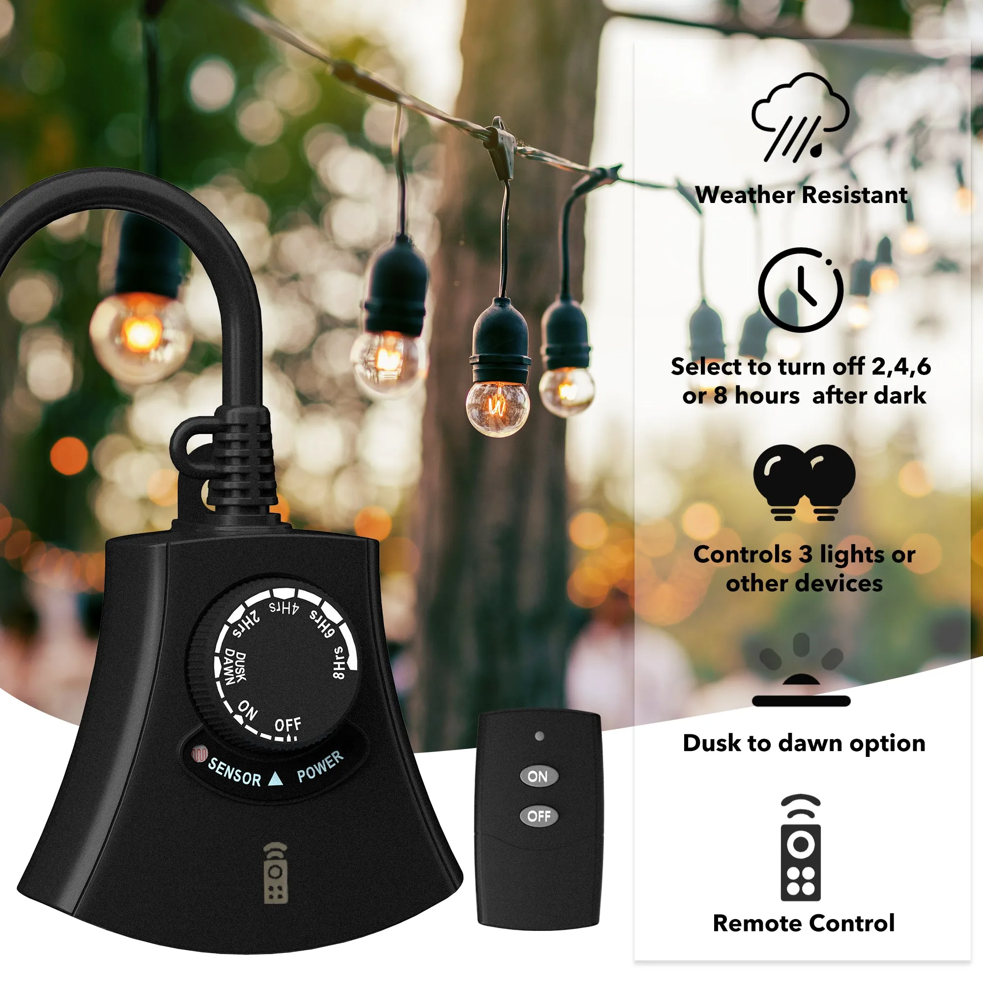 Outdoor Photocell Light Timer Waterproof Dusk to Dawn Light Sensor Timer 3 Grounded Remote Control HBN