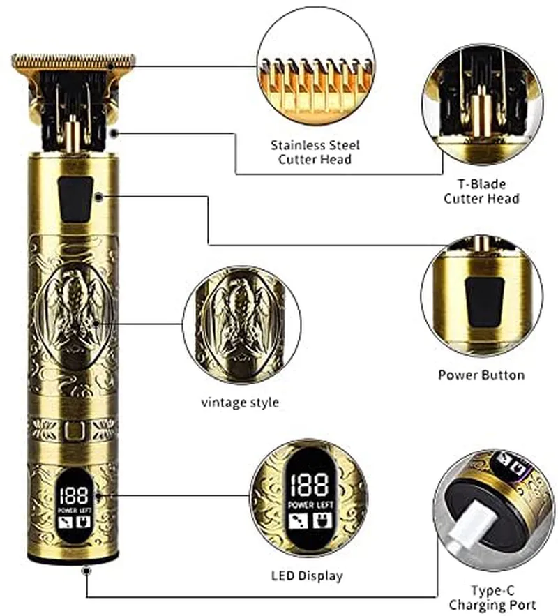 Professional Zero Gapped Hair Trimmer for Men, USB LED Display Hair Clippers for Men with Limit Combs, Rechargeable Cordless Mens Grooming Trimmer Kit for Baldheaded Detail Beard Barbershop (Bronze)