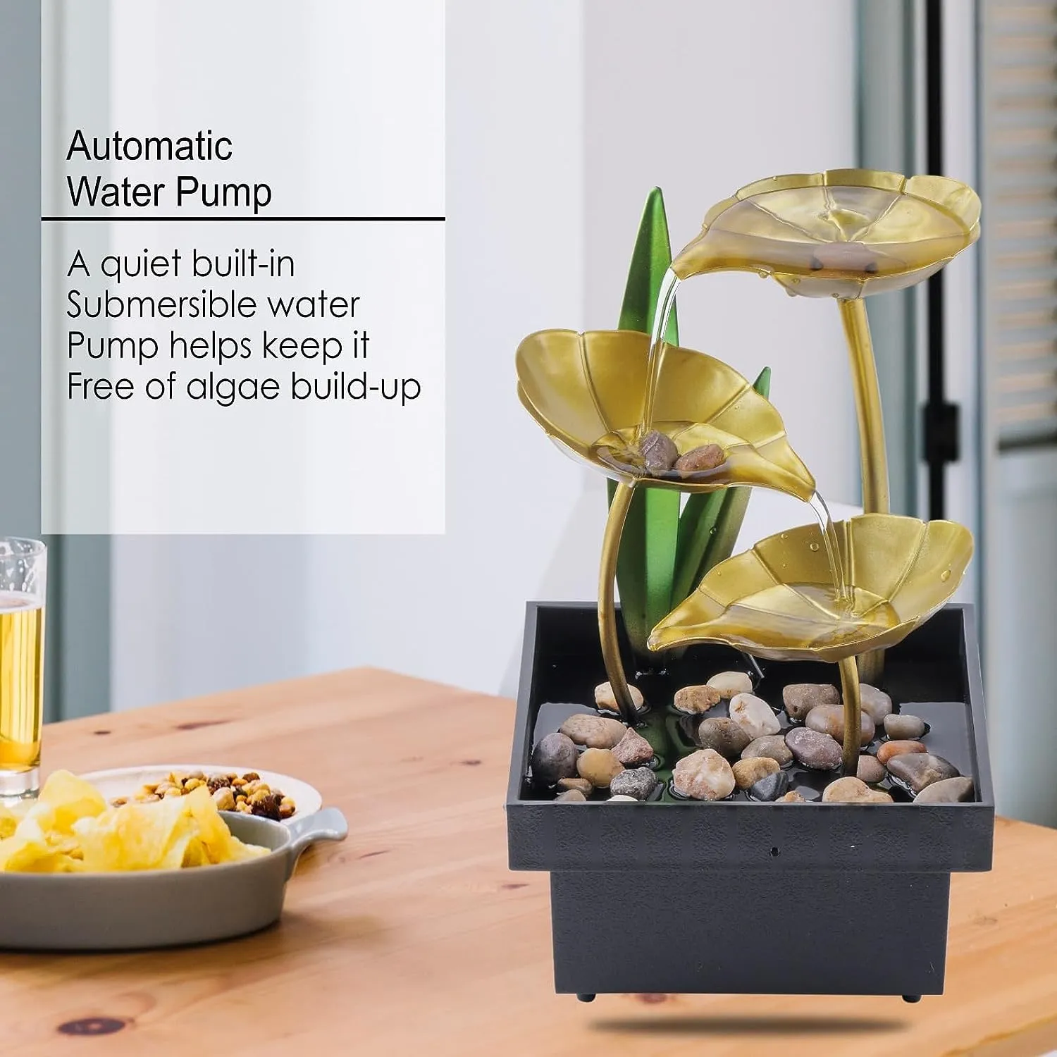 sanpexa Metal Tabletop Water Fountain, Home Decor Ornaments With Waterfall Desktop Leaf Fountains, Deep Basin & Natural River Rocks. Indoor Zen Relaxation For Office,Living Room,Bedroom Decor For Gift