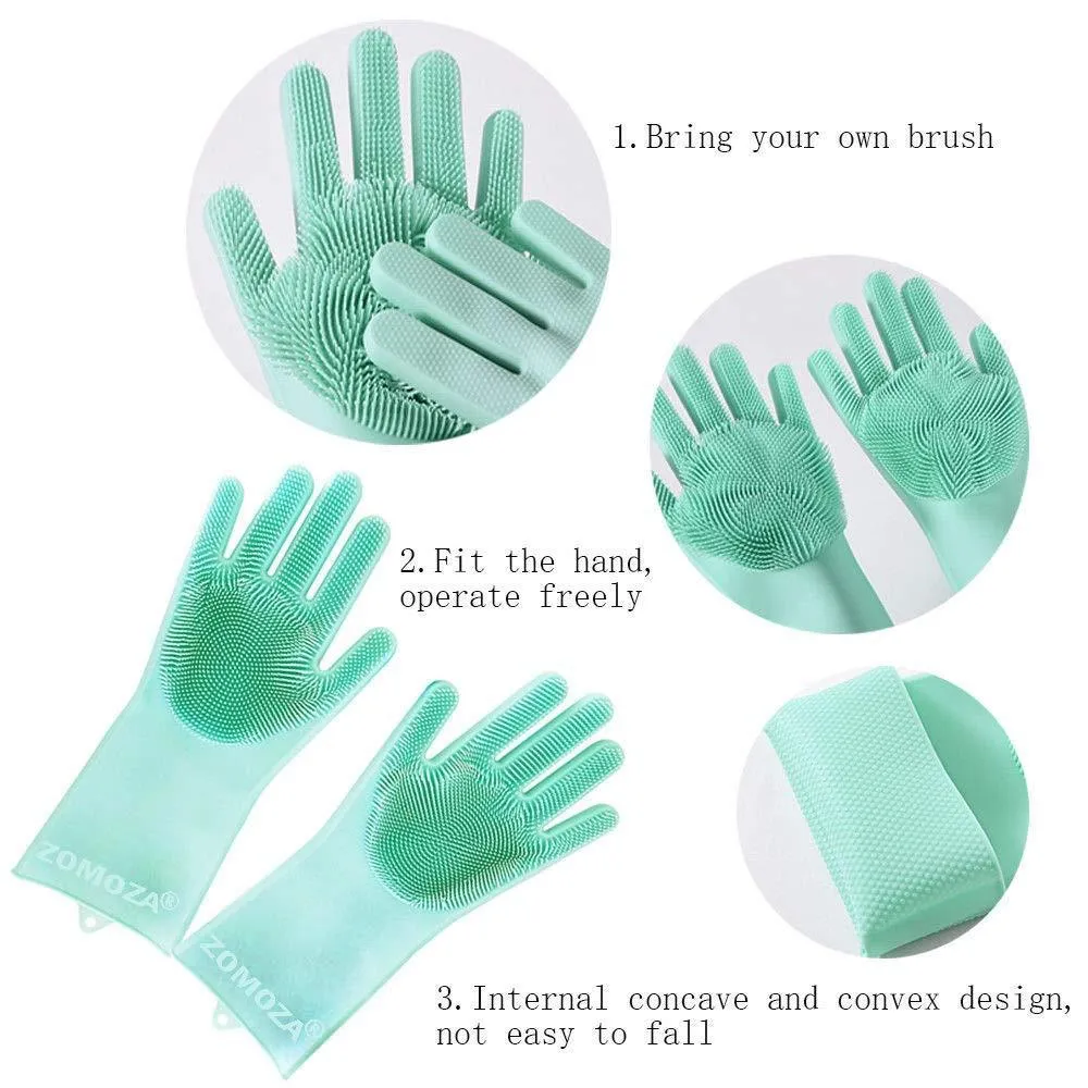 Silicone Gloves with Wash Scrubber Reusable Brush Heat Resistant Gloves Kitchen Cleaning