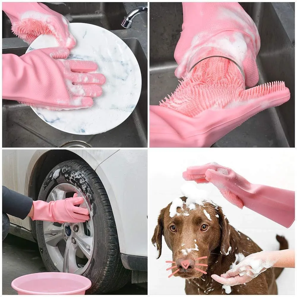 Silicone Gloves with Wash Scrubber Reusable Brush Heat Resistant Gloves Kitchen Cleaning