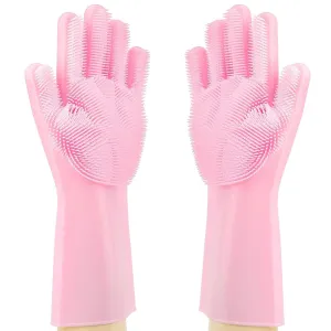 Silicone Gloves with Wash Scrubber Reusable Brush Heat Resistant Gloves Kitchen Cleaning