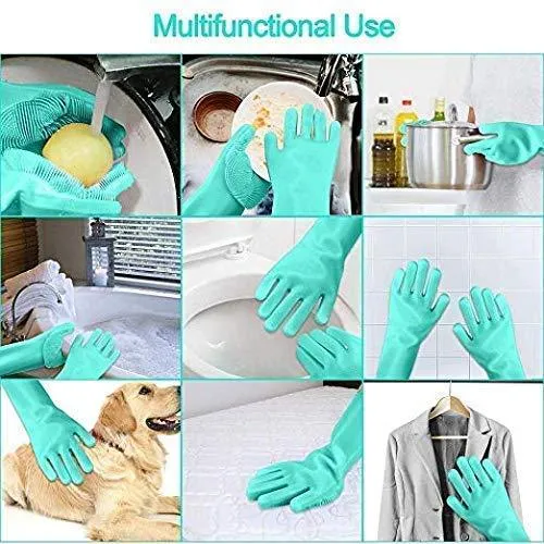 Silicone Gloves with Wash Scrubber Reusable Brush Heat Resistant Gloves Kitchen Cleaning