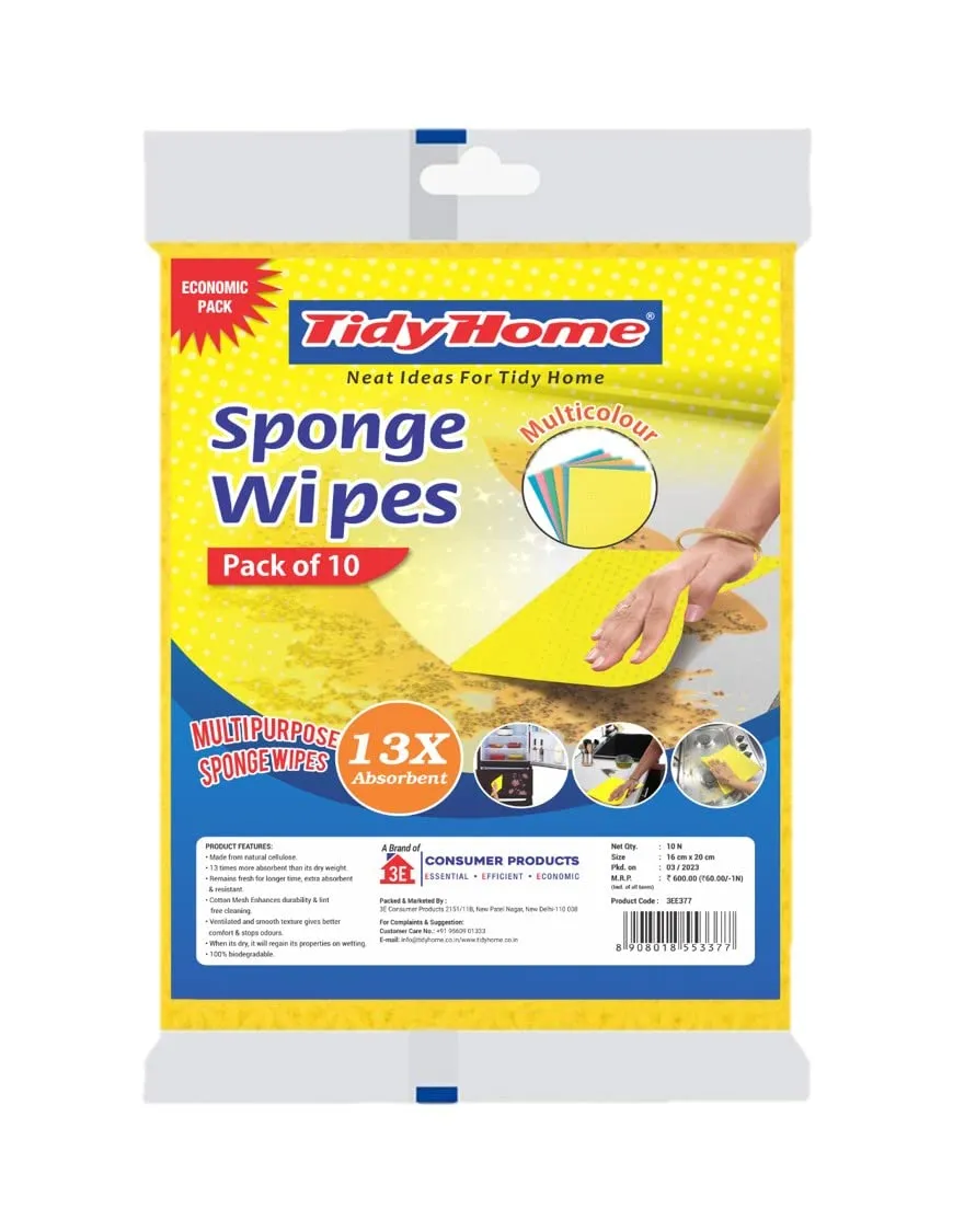 Tidy Home Cellulose Cleaning Sponge for Kitchen, 20 x 16 x 0.5 cm - Pack of 10 Wipes (Multicolour)